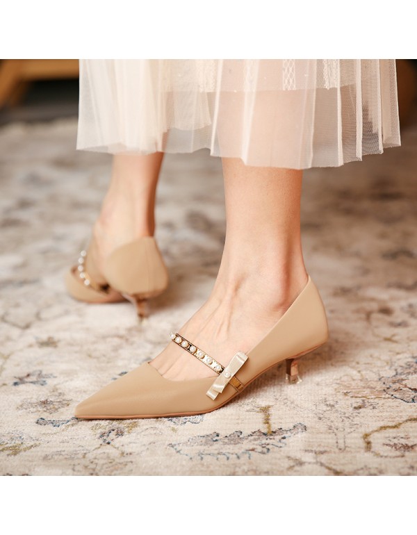 339-15 pearl herringbone belt high heels women's 2021 new spring French pointed single shoes elegant bow 