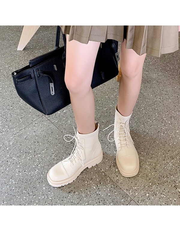 2022 autumn and winter new British style round head thick soled Martin boots front lace up middle tube elastic fashion motorcycle boots women's shoes