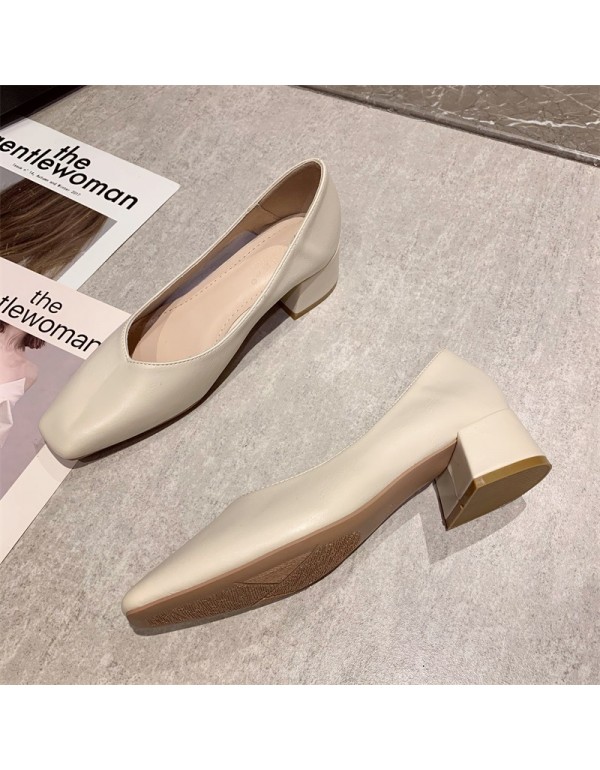 2022 new simple square head high heels Korean version shallow mouth thick heels temperament low heel commuting shoes women