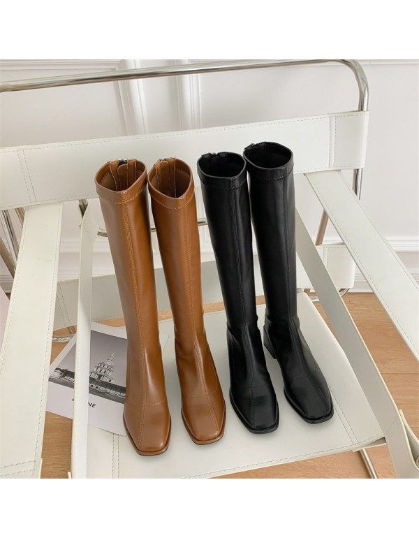2021 autumn and winter new Korean version square head knight boots simple back zipper thick heel boots women's high heel long tube women's Boots