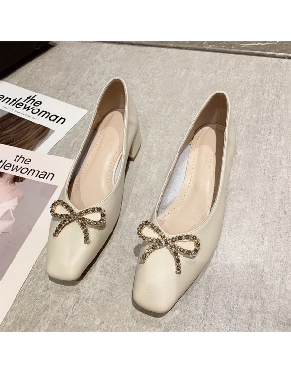 Korean version Rhinestone bow high heels women's 2022 spring and summer new style square head single shoes women's simple thick heel shoes