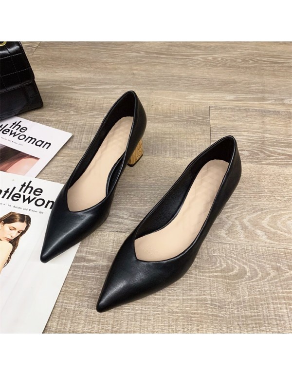 Fashion simple shallow mouth thick heel high heels women's Korean version pointed middle heel shoes elegant solid color professional work shoes women 