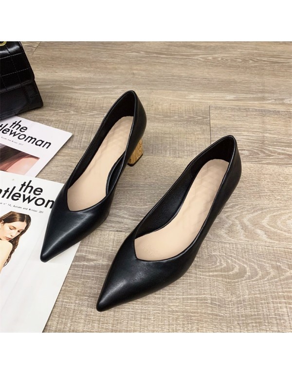 Fashion simple shallow mouth thick heel high heels women's Korean version pointed middle heel shoes elegant solid color professional work shoes women 