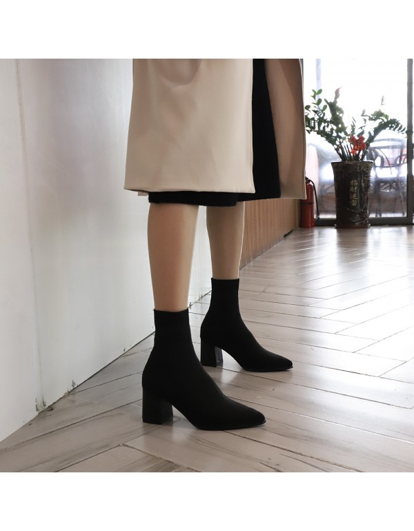 2022 new fashion thick heel pointed fashion socks boots fashion women's shoes high heels casual women's flying woven short boots