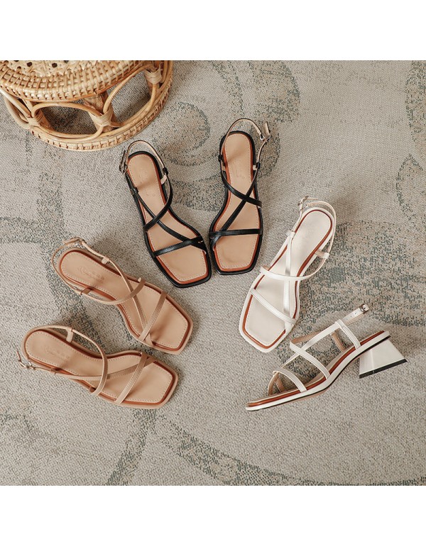 2021 new flat belt square head thick heel sandals back empty buckle high-heeled sandals women's cross strap open toe women's shoes 