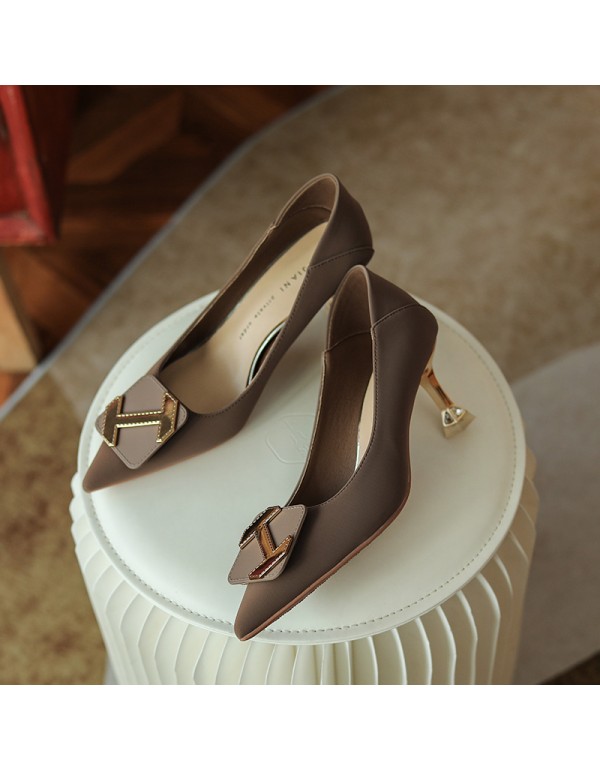 998-5 Korean style high heels women's pointed shallow mouth 2022 spring new square buckle single shoes soft sheepskin heel 