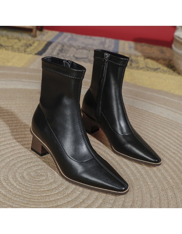 Thin boots women's fashion shoes in autumn and winter new middle tube short boots women's British style simple pointed thick heel side zipper women's Boots