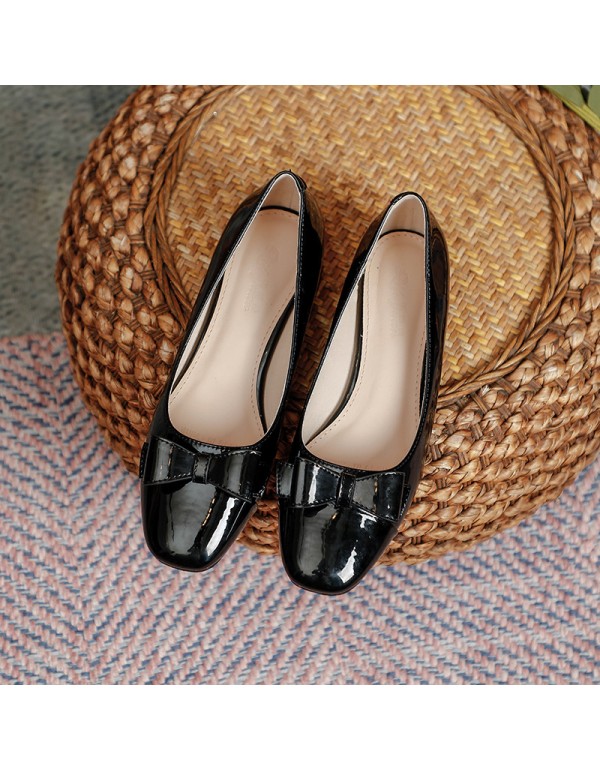 New style square bow high-heeled single shoes women's Korean temperament thick heeled high-heeled shoes color matching commuter work women's shoes 