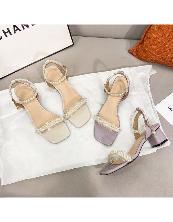 Summer new style square head back empty women's shoes Korean pearl one line belt fairy style sandals net red buckle middle heel sandals 