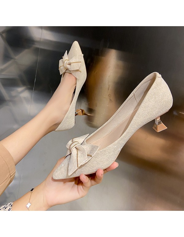 Fairy style bow high-heeled shoes female 2022 autumn new wine cup heel shoes female Korean version low heel shallow mouth single shoes