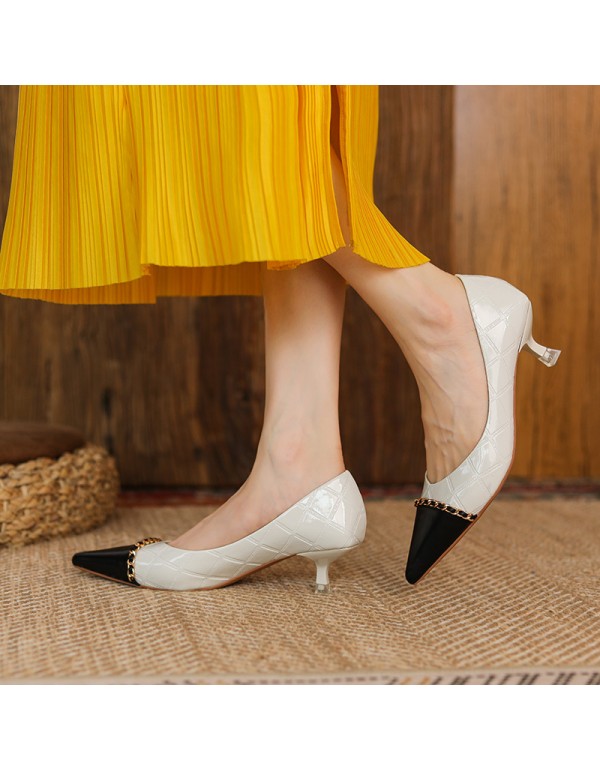 336-1 sheepskin small fragrance color matching pointed high heels women's thin heels shallow mouth celebrities elegant single shoes French Retro 