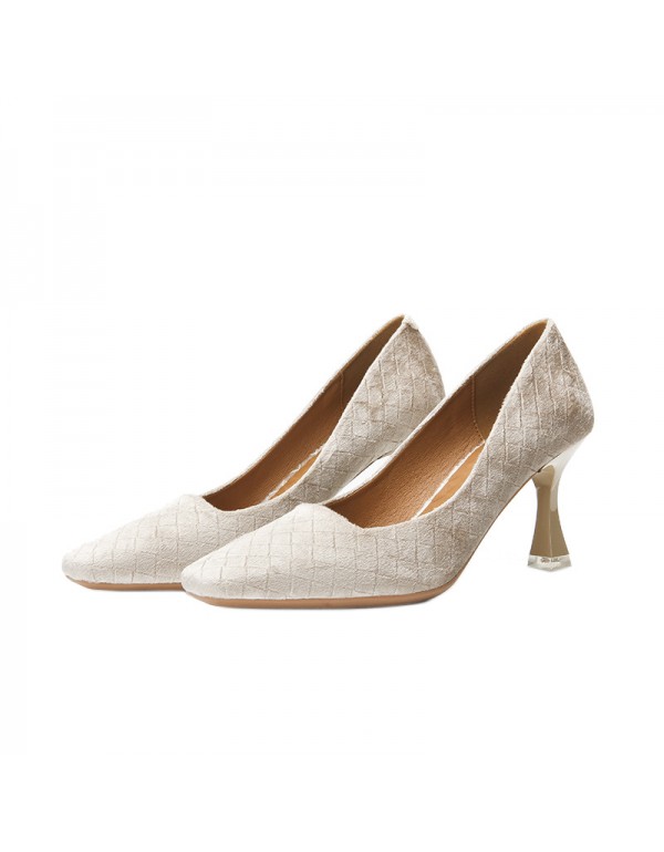 166-11 Plaid cashmere solid color small square head high heels women's thin heels new single shoes in autumn and winter 2020 