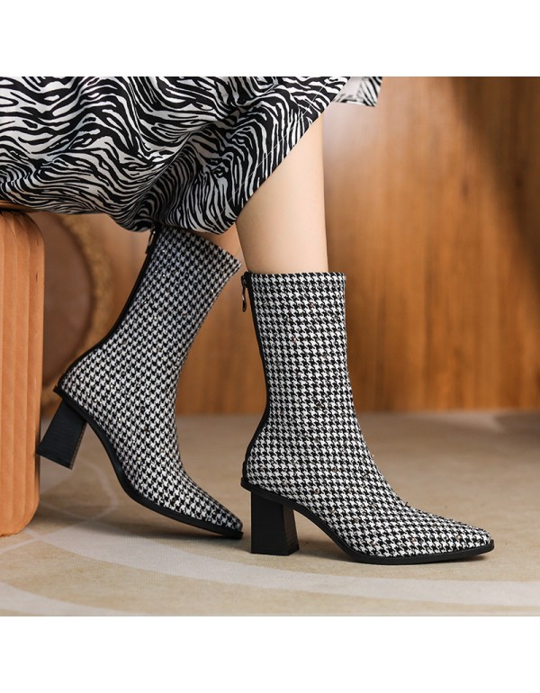 756-7 French thousand bird lattice pointed short boots, women's and nude boots, retro temperament, high heels, celebrity style, thick heels fashion boots 