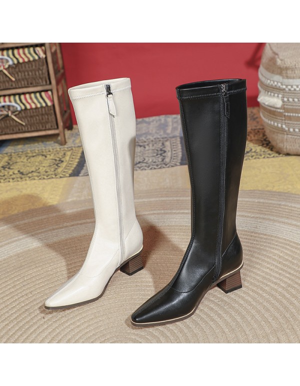 New cream white side zipper boots women's autumn and winter black large tube high tube women's boots pointed thick heel Knight boots