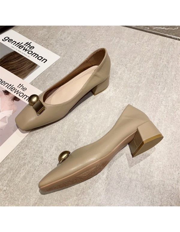 Korean version of metal button square head high heels women's shoes spring and summer 2022 new thick heels women's simple commuter high heels