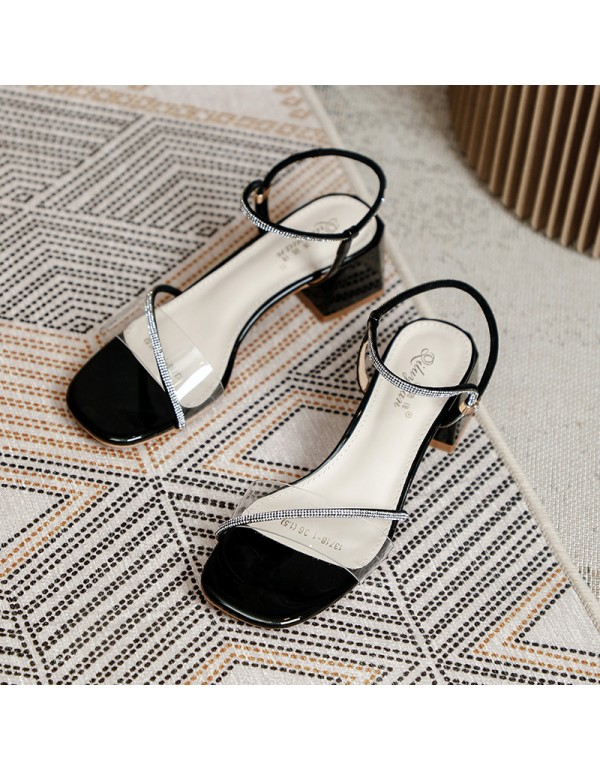 Summer 2022 new sandals temperament Korean style high heels one line with crystal and thick heels casual women's shoes