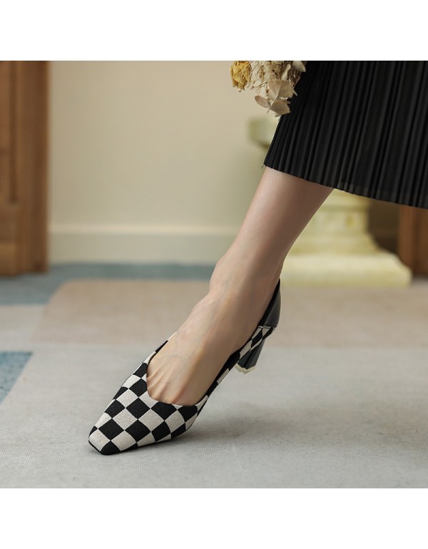 288-2 lattice color matching retro sheepskin high heels women's small square head thick heel shoes niche design high sense 