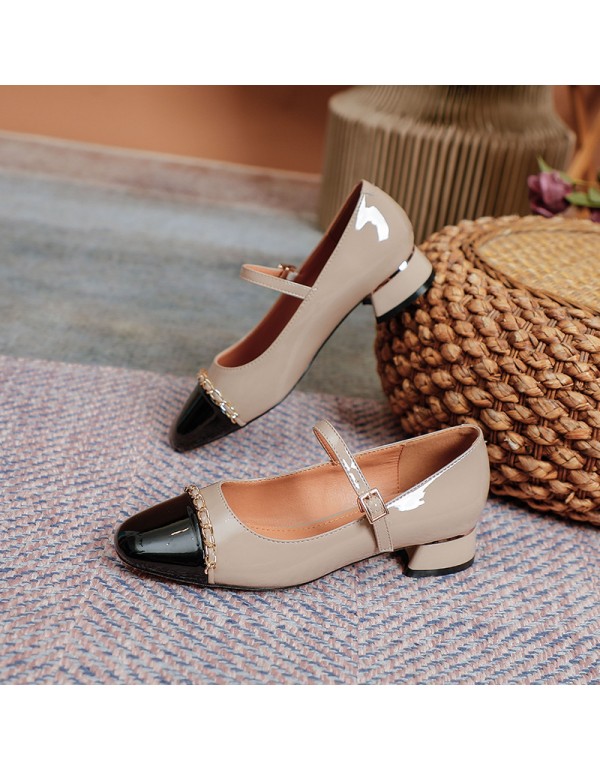 2021 new metal chain square head small leather shoes women's flat belt buckle thick heel single shoes Retro High Heels Mary Jane shoes 