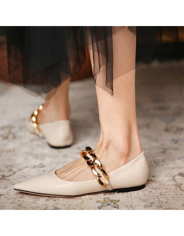 2021-88 retro pointed shallow mouth metal chain single shoe flat bottom comfortable grandma shoes Mary Jane shoes elastic belt 