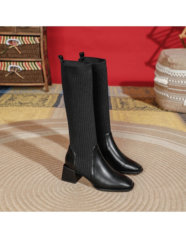 Long boots women's 2021 autumn new British style elastic thin boots retro square head thick heel less than knee women's Boots