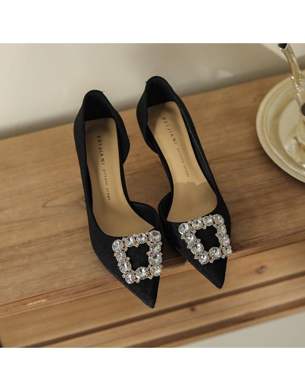 275-3 thin heel single shoes with skirt women's pointed shallow mouth high heels wedding shoes Bridesmaid shoes Rhinestone square buckle side space 