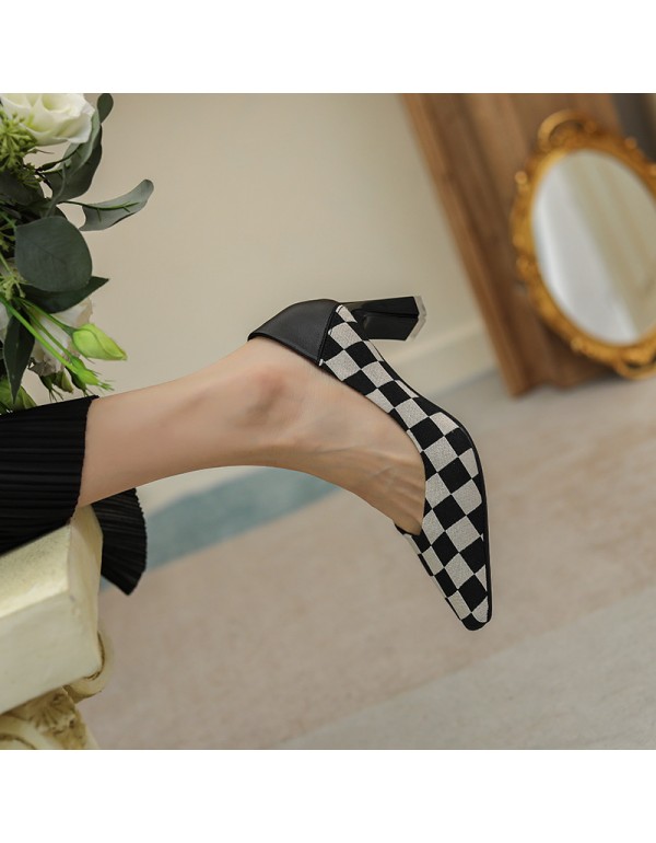 288-2 lattice color matching retro sheepskin high heels women's small square head thick heel shoes niche design high sense 