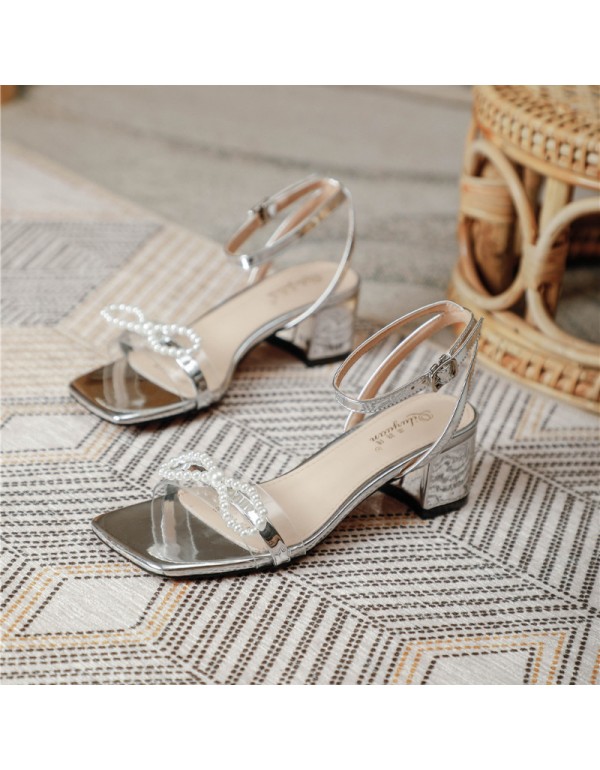 2022 new style square head metal sandals bow shape...