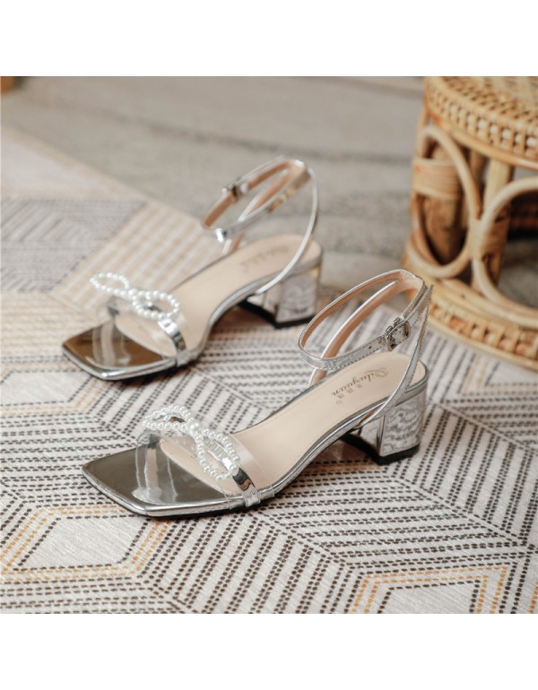 2022 new style square head metal sandals bow shape...