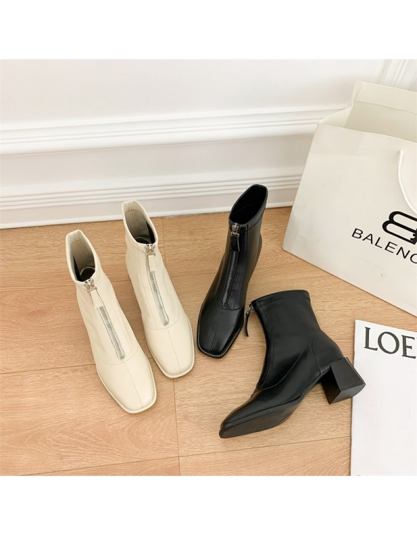 Simple Beige front zipper thick heel boots children's 2021 new square head middle heel middle tube women's boots Korean Short boots women's shoes