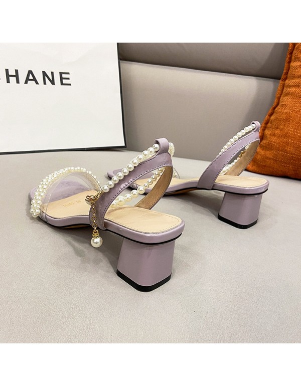 Summer new style square head back empty women's shoes Korean pearl one line belt fairy style sandals net red buckle middle heel sandals 