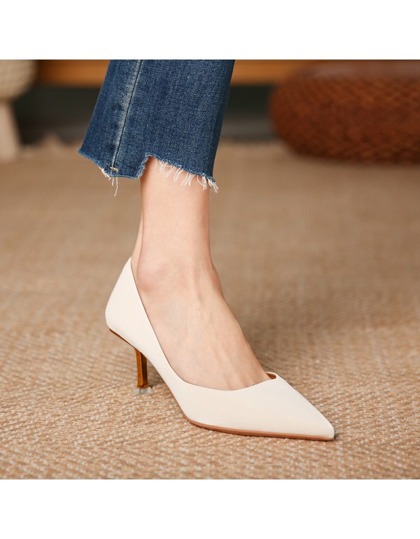 175-19 Satin cracked middle heel side empty small high heels pointed shallow mouth temperament single shoes women's thin heel wedding shoes 