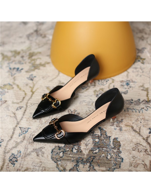 778-53 niche French Roman button hollow high heels women's thin heel middle heel professional single shoe ol temperament 5cm 