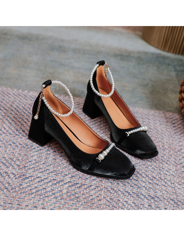 2022 New Vintage pearl thick heel single shoes women's shallow mouth pearl belt Mary Jane simple square head high heel single shoes