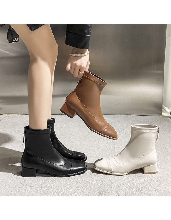 Korean retro square head thick heel fashion boots 2021 autumn and winter new boots children's net red back zipper thin short boots women