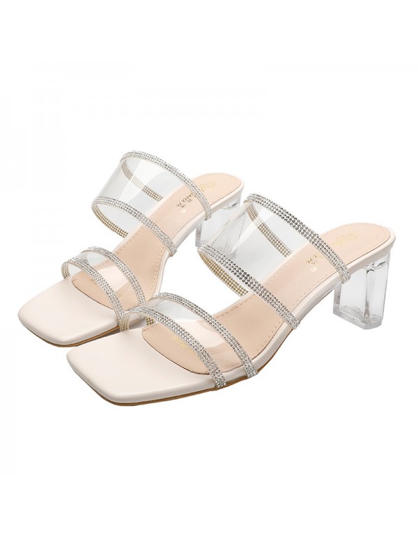 Summer new transparent belt sandals 2022 Korean casual high heels women's square toe shoes with crystal heels