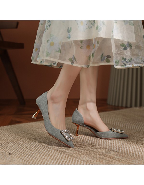 275-3 thin heel single shoes with skirt women's pointed shallow mouth high heels wedding shoes Bridesmaid shoes Rhinestone square buckle side space 