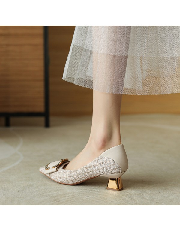 568-6 European and American fan xiaoxiangfeng high heels women's pointed thick heel tweed square buckle single shoes sheepskin temperament soft sole 