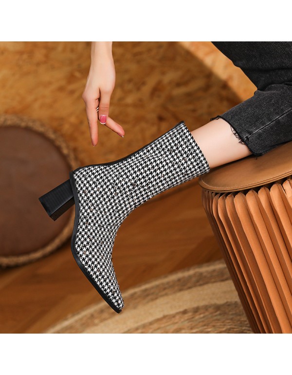 756-7 French thousand bird lattice pointed short boots, women's and nude boots, retro temperament, high heels, celebrity style, thick heels fashion boots 