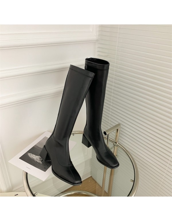 2021 autumn and winter new Korean version square head knight boots simple back zipper thick heel boots women's high heel long tube women's Boots