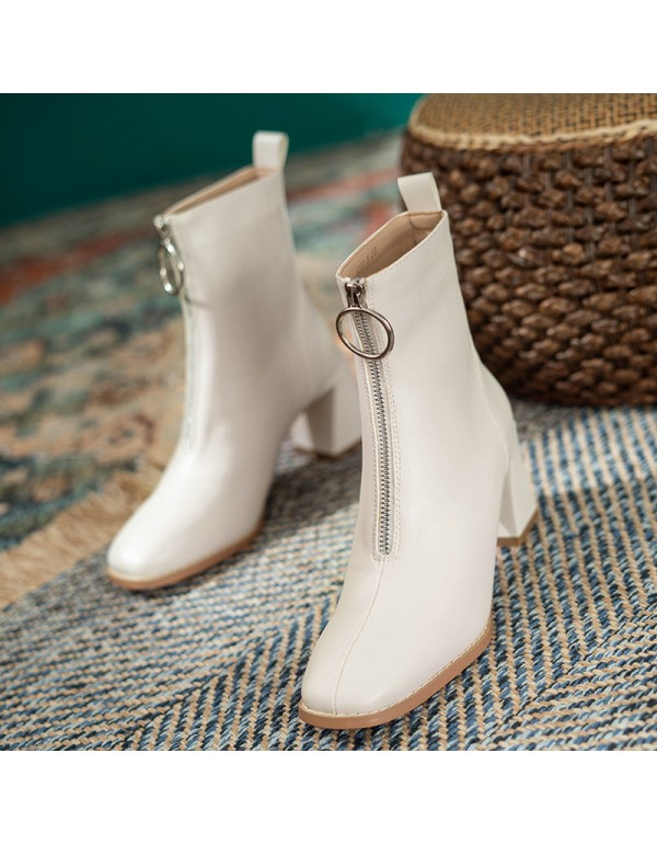 2021 new autumn and winter square head front zipper boots Korean thick heel zipper middle tube boots women's Plush high-heeled women's Boots