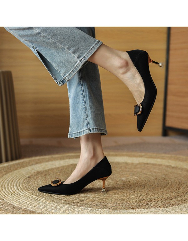 998-8 high heels women's thin heels 2022 spring new net red design sense of temperament square button pointed single shoe heel 