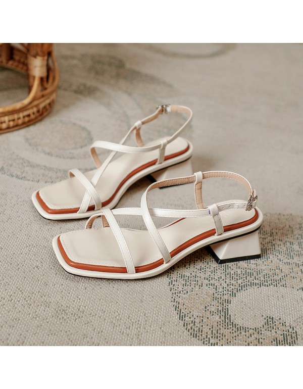 2021 new flat belt square head thick heel sandals back empty buckle high-heeled sandals women's cross strap open toe women's shoes 