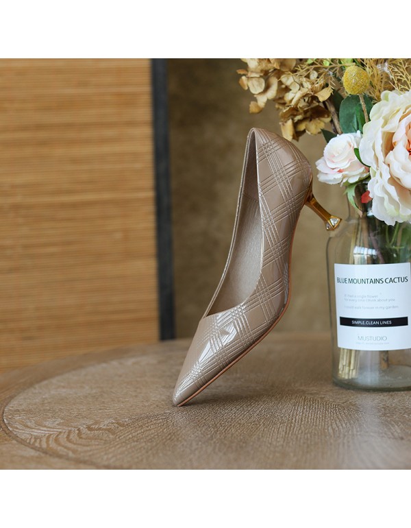 998-21 sewing solid color high-heeled shoes women's thin heel pointed single shoes temperament professional work shoes soft leather not tired feet 