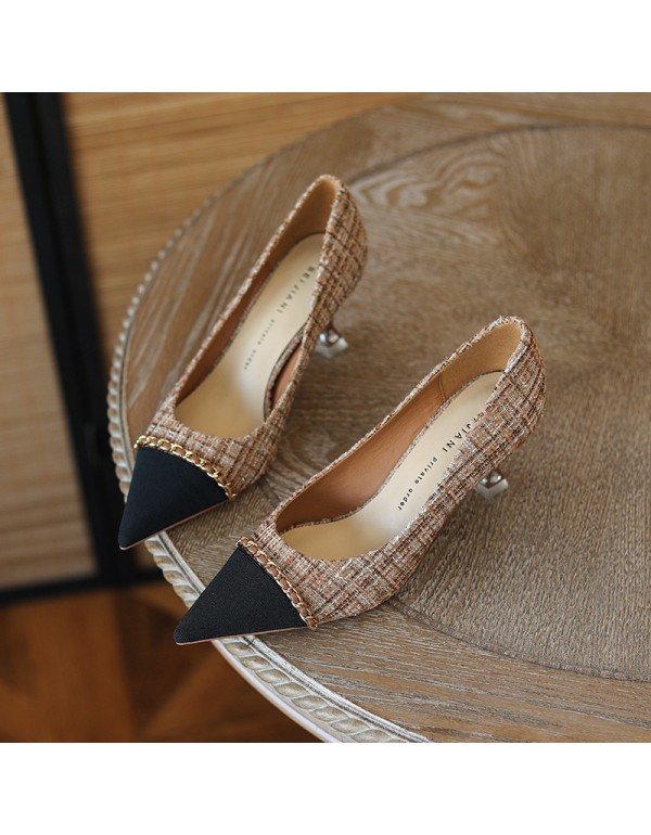 998-2 xiaoxiangfeng sheepskin gold chain pointed shallow mouth high-heeled shoes tweed thin heel temperament single shoes 2022 spring 