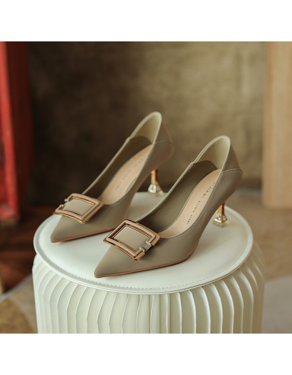 998-3 net red French girls' soft leather high heels thin heels pointed temperament buckle work single shoes two wear heel