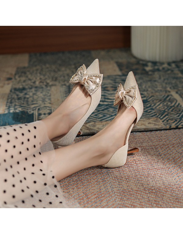 275-5 Rhinestone bow pointed high heels women's wedding shoes wedding show Wo shoes fairy temperament silk single shoes 