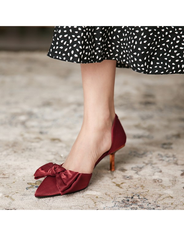 175-21 net red high heels women's spring silk satin red wedding shoes pointed thin heel bow shallow mouth single shoes 