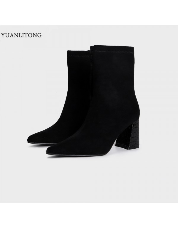 Yuanlitong 2022 winter new SW square head square heel elastic short boots women's socks boots bare boots autumn pointed head thin women's Boots