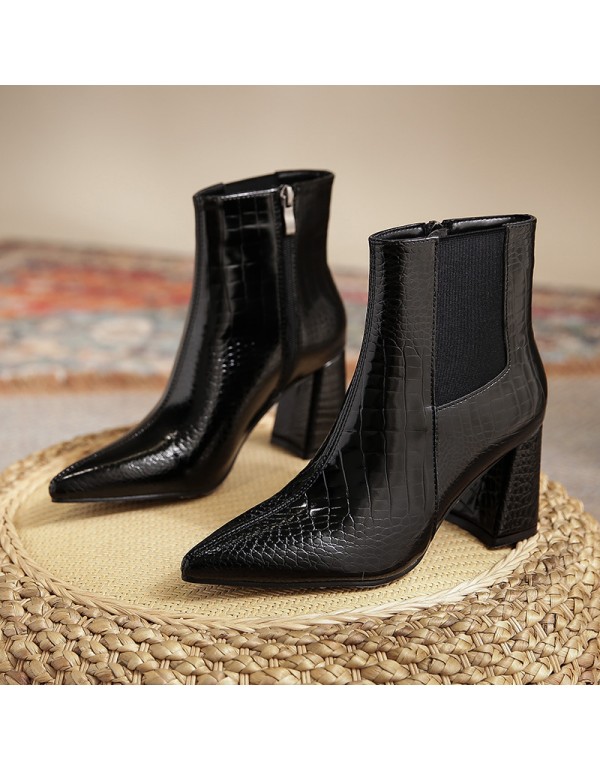 2022 new pointed thick heel elastic boots black super fiber socks boots thin boots high heels middle short boots women's Boots