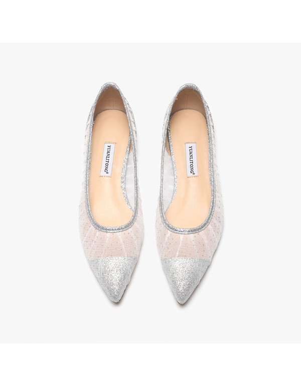 Yuanlitong 2022 fashion new women's flat bottomed pointed low heel pleated highlights mesh wedding women's single shoes